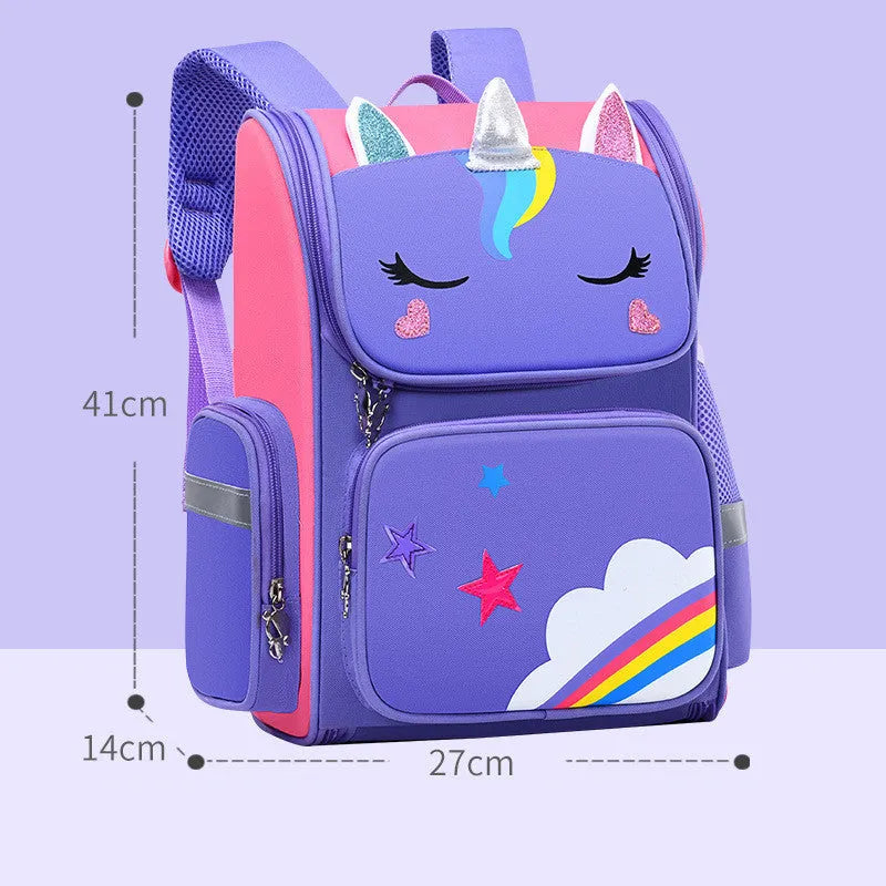Royal blue children's school backpack with printing, shown in small and large size options.