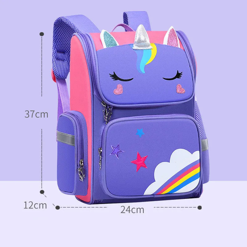 Royal blue children's school backpack with printing, shown in small and large size options.