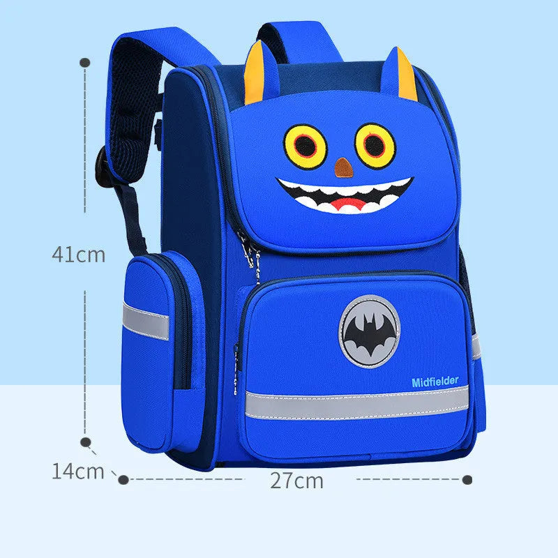 Royal blue children's school backpack with printing, shown in small and large size options.