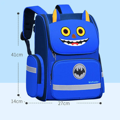 Royal blue children's school backpack with printing, shown in small and large size options.