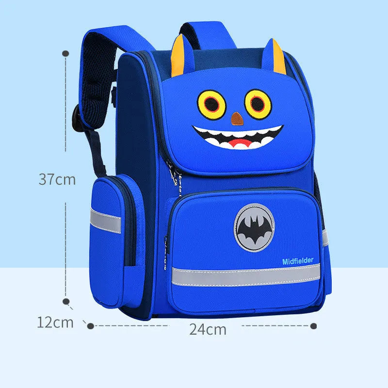 Royal blue children's school backpack with printing, shown in small and large size options.