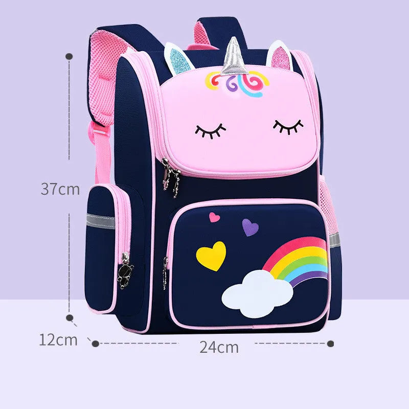 Royal blue children's school backpack with printing, shown in small and large size options.