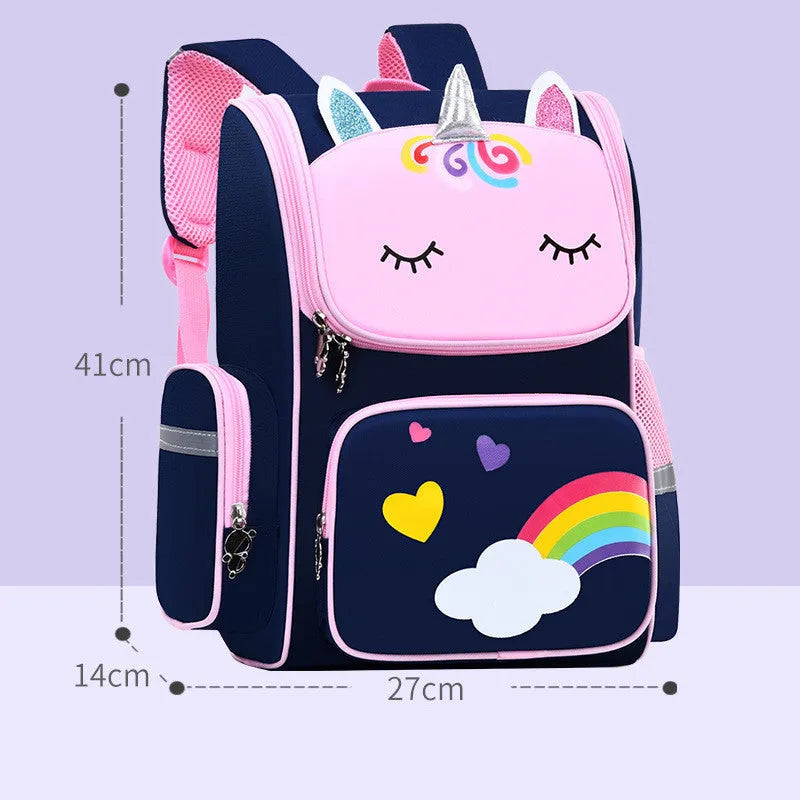 Royal blue children's school backpack with printing, shown in small and large size options.