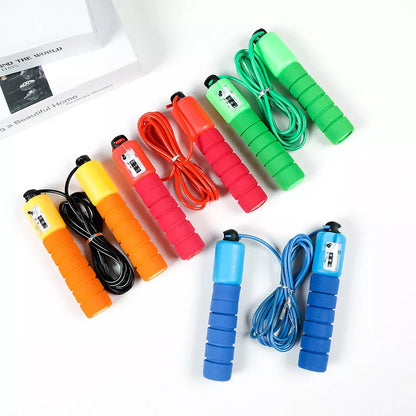 Adjustable electronic counting skipping rope in blue, red, yellow, and green