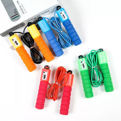 Adjustable electronic counting skipping rope in blue, red, yellow, and green