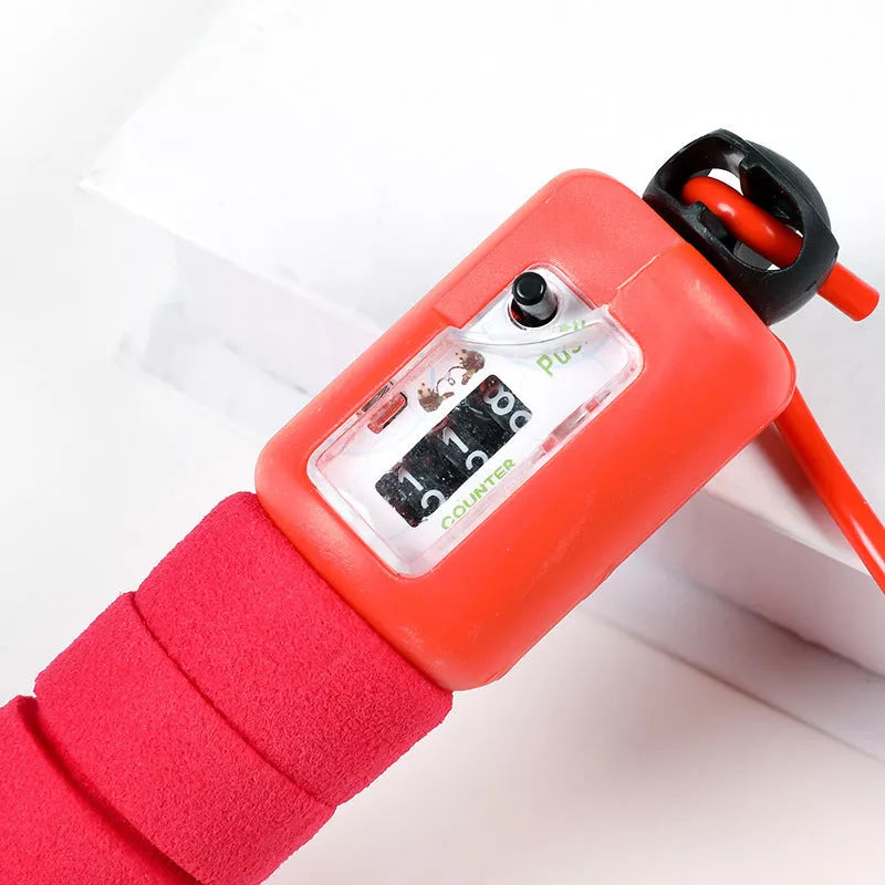 Adjustable electronic counting skipping rope in blue, red, yellow, and green
