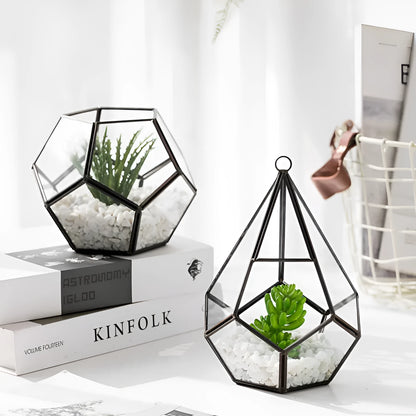 Metal and glass succulent bonsai decoration in two style options with measured dimensions