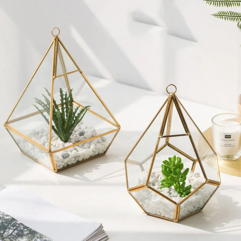 Metal and glass succulent bonsai decoration in two style options with measured dimensions