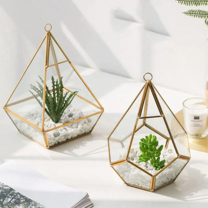 Metal and glass succulent bonsai decoration in two style options with measured dimensions