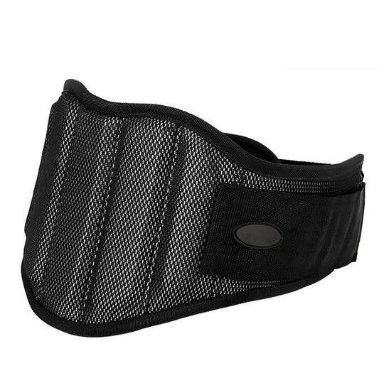Black nylon squat weightlifting belt with adjustable buckle for fitness training