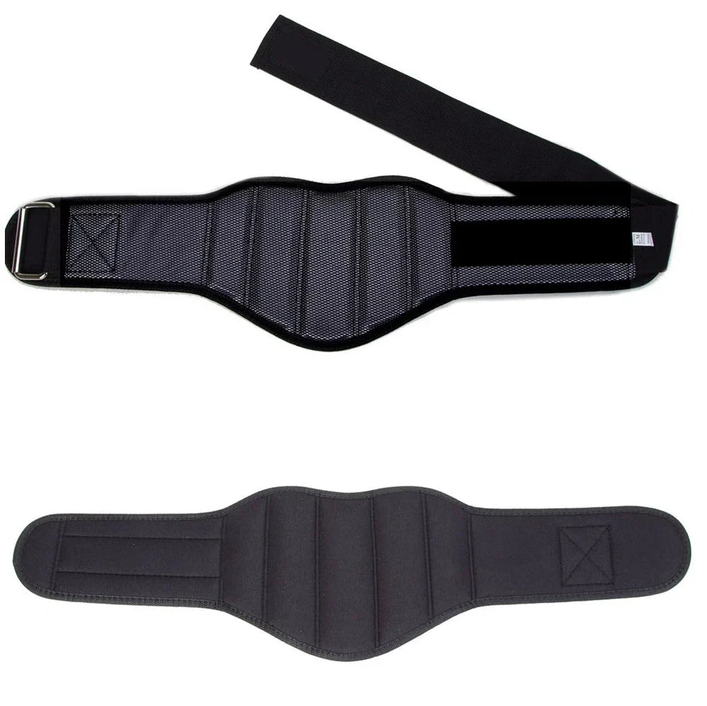 Black nylon squat weightlifting belt with adjustable buckle for fitness training