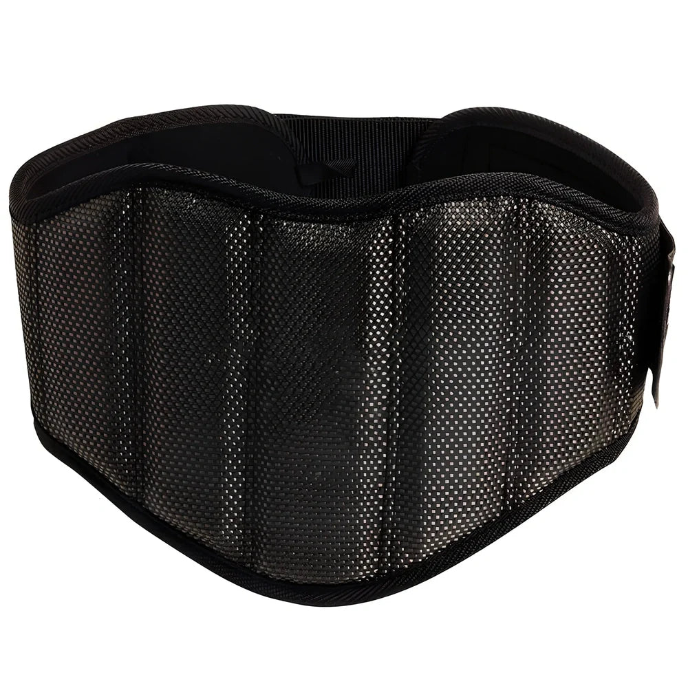 Black nylon squat weightlifting belt with adjustable buckle for fitness training