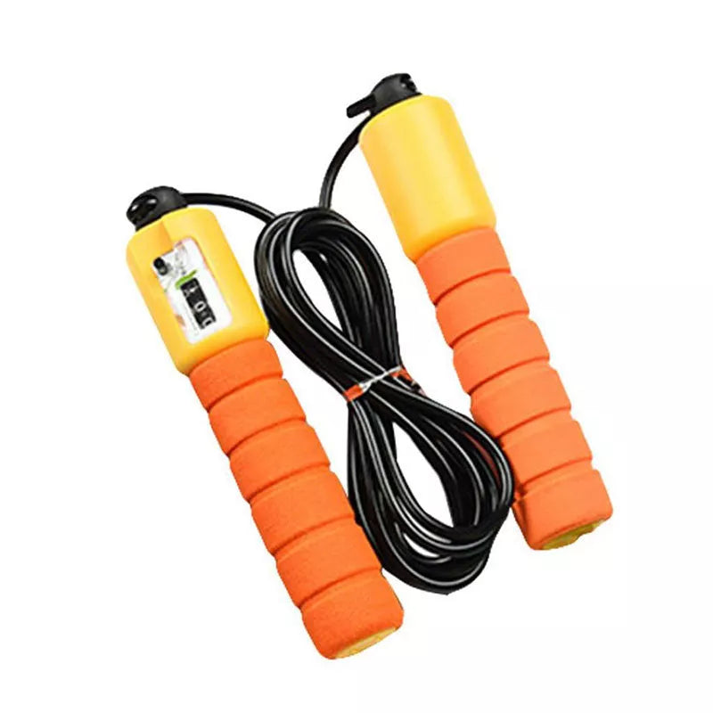 Adjustable electronic counting skipping rope in blue, red, yellow, and green