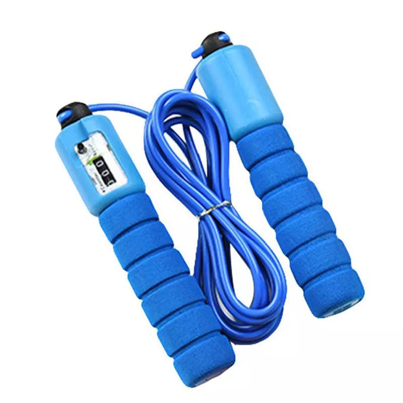 Adjustable electronic counting skipping rope in blue, red, yellow, and green