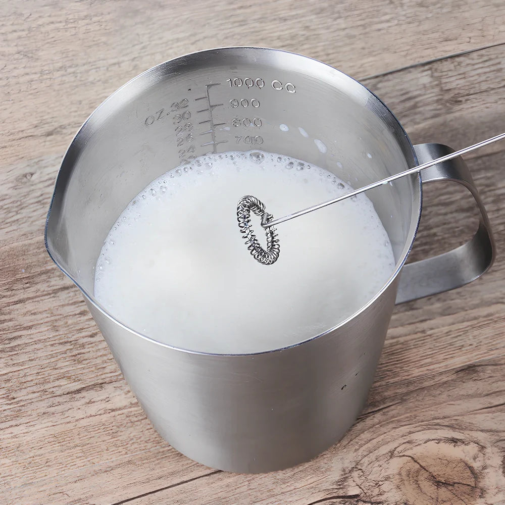 Black handheld electric milk frother with 3-speed control and stainless whisk for eggs and coffee, 20cm long