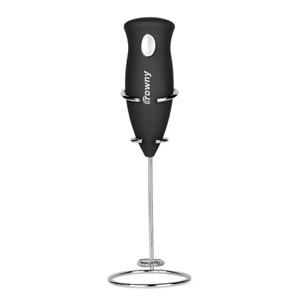 Black handheld electric milk frother with 3-speed control and stainless whisk for eggs and coffee, 20cm long