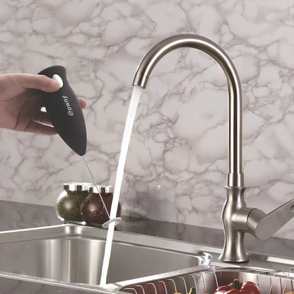 Black handheld electric milk frother with 3-speed control and stainless whisk for eggs and coffee, 20cm long