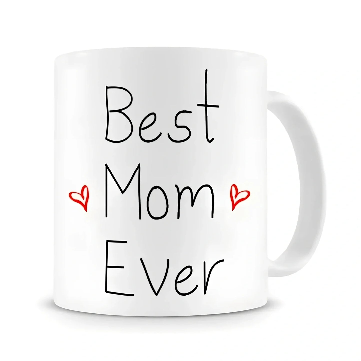 White 320ml ceramic coffee mug printed with Best Mom Ever text in American cartoon style, C-handle design