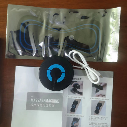 Black HQ-185 mini electric shoulder and neck massager with massage patch, showing compact 15cm size.