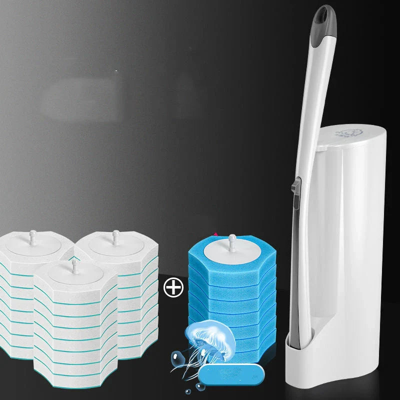 Disposable toilet cleaning brush with scrubbing pad for thorough, hygienic bathroom cleaning