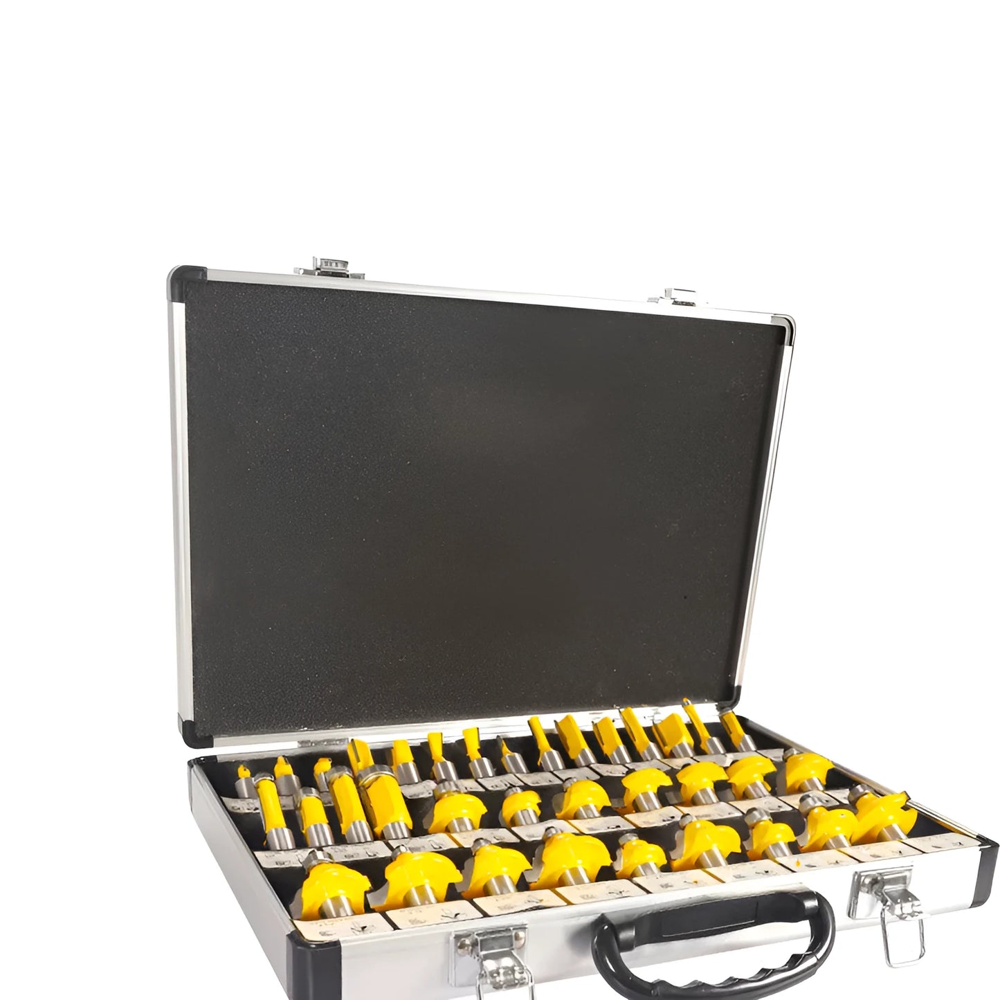 35-piece woodworking milling cutter set with side cutters in multiple handle configurations