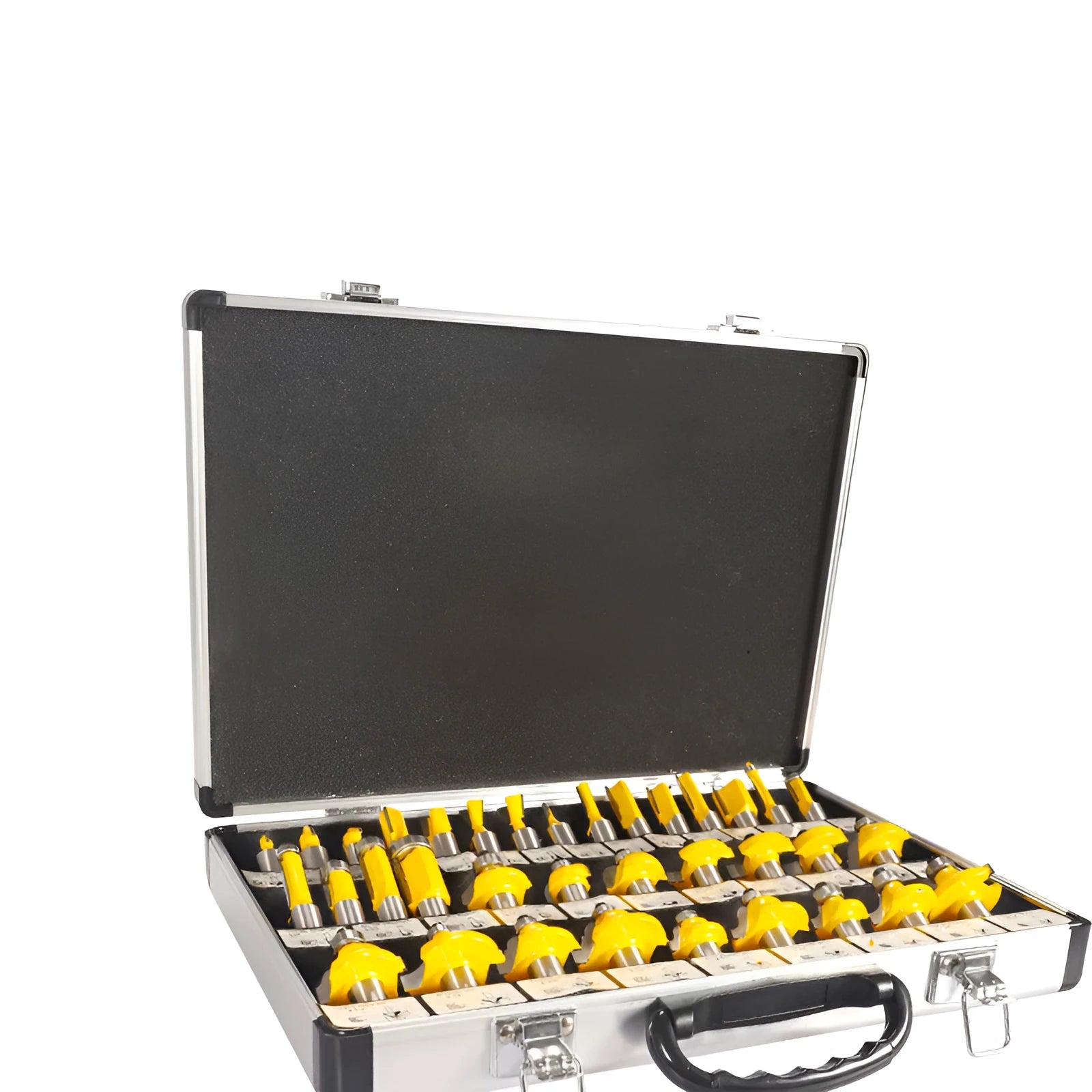 35-piece woodworking milling cutter set with side cutters in multiple handle configurations
