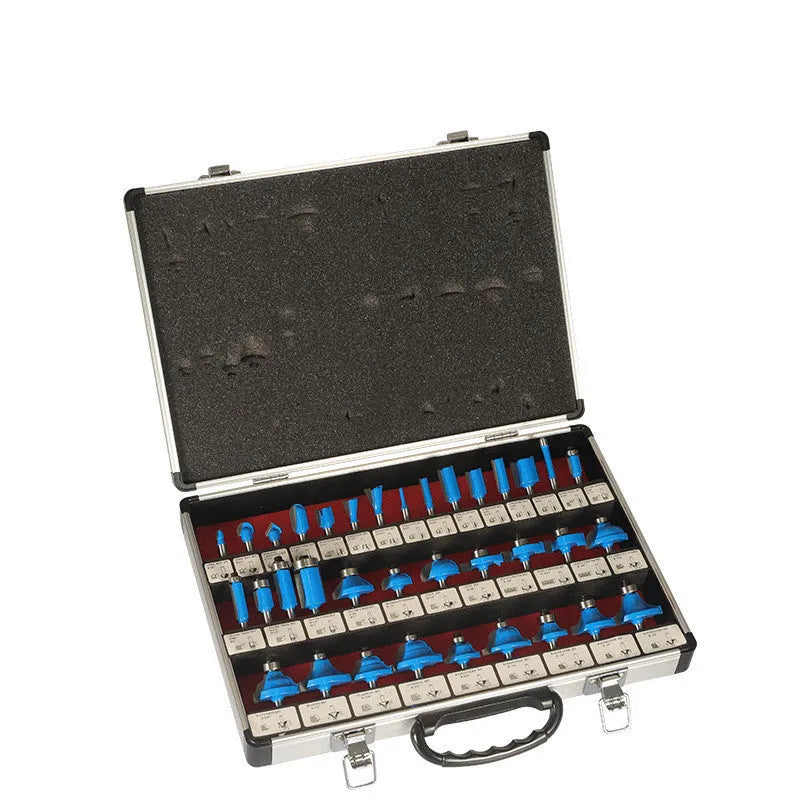 35-piece woodworking milling cutter set with side cutters in multiple handle configurations