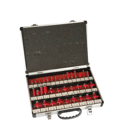 35-piece woodworking milling cutter set with side cutters in multiple handle configurations
