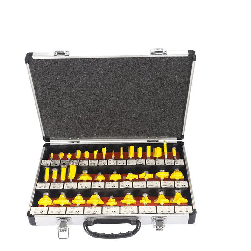 35-piece woodworking milling cutter set with side cutters in multiple handle configurations