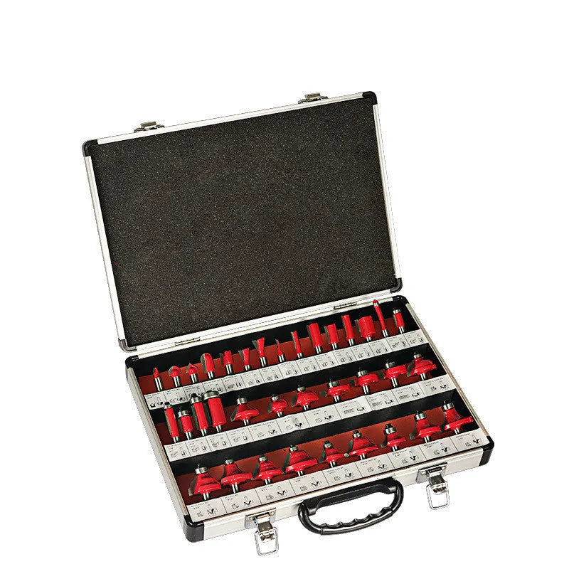 35-piece woodworking milling cutter set with side cutters in multiple handle configurations