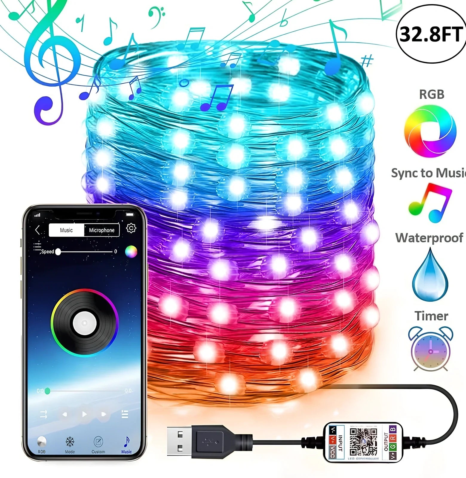 10-metre Bluetooth Christmas tree lights with remote control showing IP65 weather protection rating