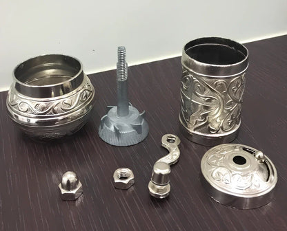 Turkish manual coffee grinder with removable ceramic burrs and compact 15cm height design