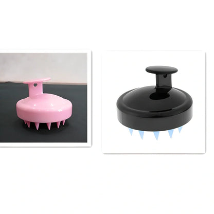 Black silicone shampoo brush with hook design measuring 8x8x7cm for scalp massage during hair washing