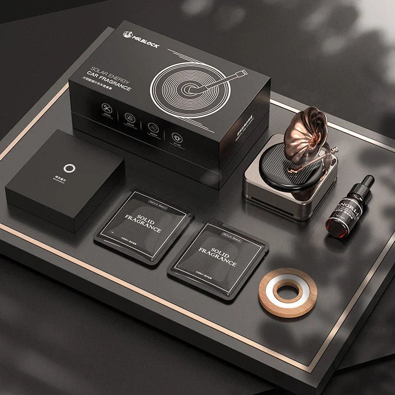 Retro solar-powered car fragrance diffuser with 360-degree fragrance dispersion, made with durable zinc alloy and ABS materials