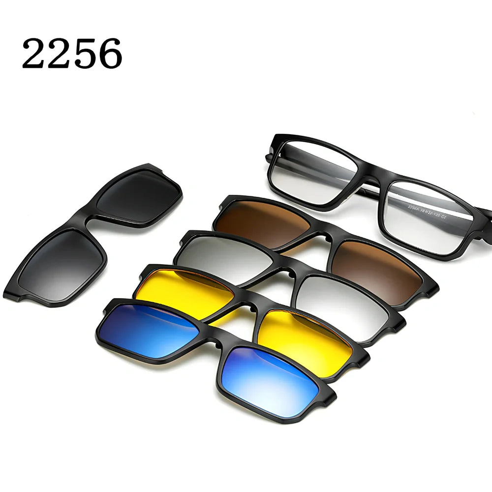 Magnetic sunglasses showing closure system with resin lenses and PC frame in multiple size options