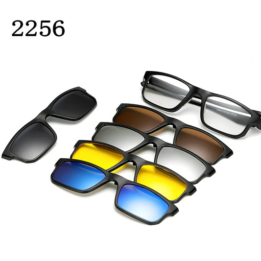 Magnetic sunglasses showing closure system with resin lenses and PC frame in multiple size options