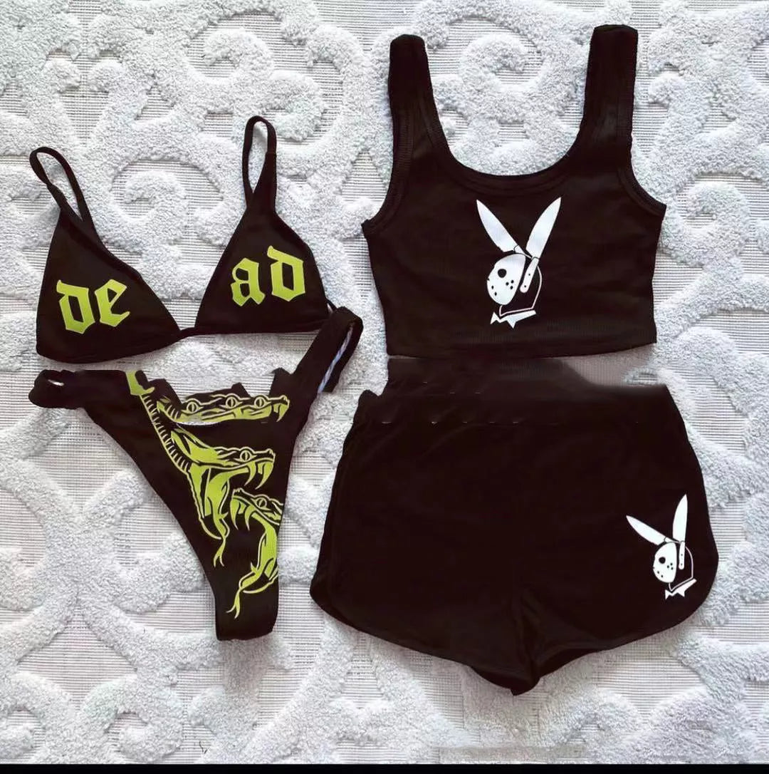 Sexy black split bikini swimsuit for women, European and American style, with chest pad