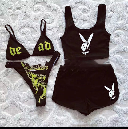 Sexy black split bikini swimsuit for women, European and American style, with chest pad