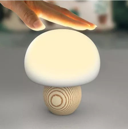 Adjustable brightness silicone LED mushroom night light with wooden base