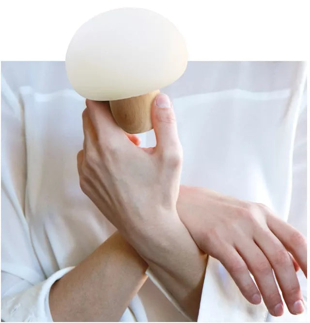 Adjustable brightness silicone LED mushroom night light with wooden base