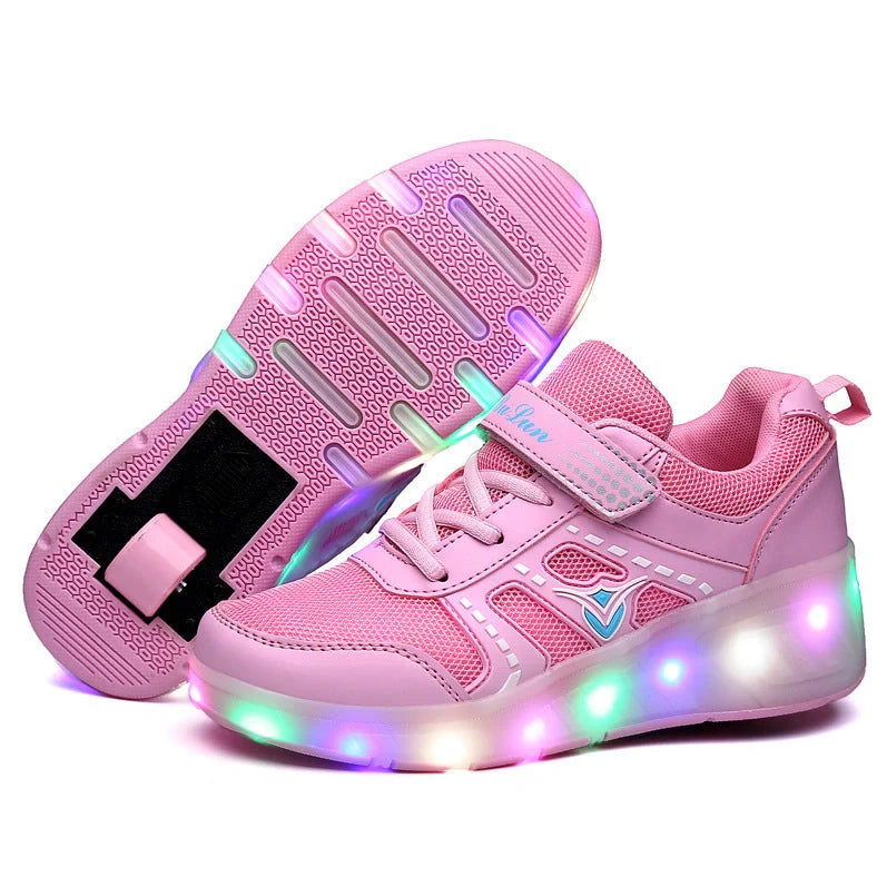 Girls' roller skates with blue PU wheels on a pavement, showing adjustable sizing and double wheel design