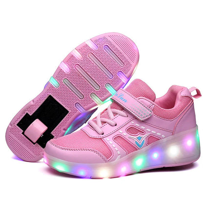 Girls' roller skates with blue PU wheels on a pavement, showing adjustable sizing and double wheel design
