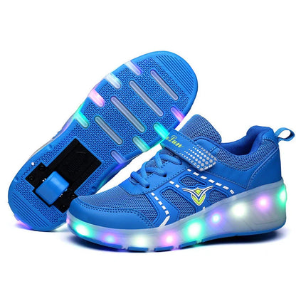 Girls' roller skates with blue PU wheels on a pavement, showing adjustable sizing and double wheel design