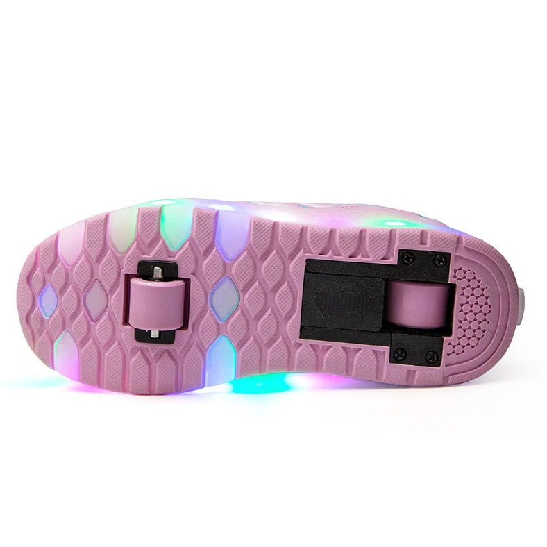 Girls' roller skates with blue PU wheels on a pavement, showing adjustable sizing and double wheel design
