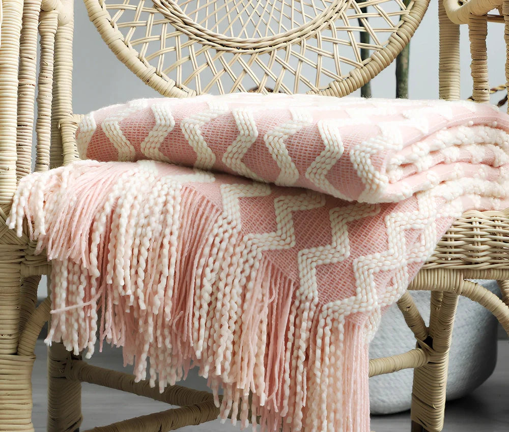 Nordic knitted decorative blanket with striped pattern and tassels in light grey colour