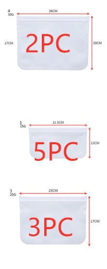 Transparent PEVA food storage bags with silica gel absorbers in various sizes