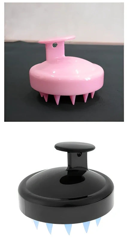 Black silicone shampoo brush with hook design measuring 8x8x7cm for scalp massage during hair washing