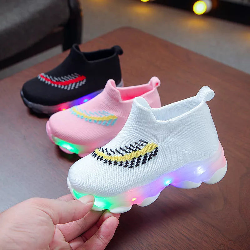 Sensor light LED socks shoes for boys and girls with non-slip sole and breathable fabric