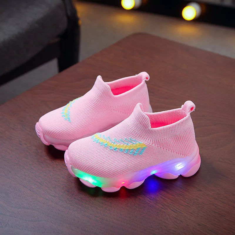 Sensor light LED socks shoes for boys and girls with non-slip sole and breathable fabric