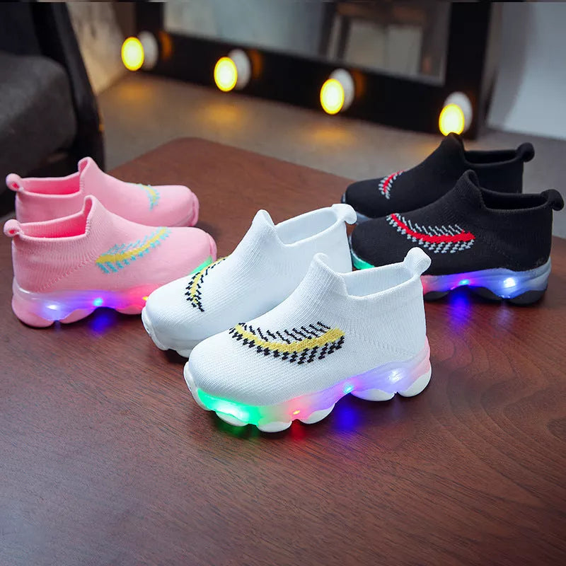 Sensor light LED socks shoes for boys and girls with non-slip sole and breathable fabric